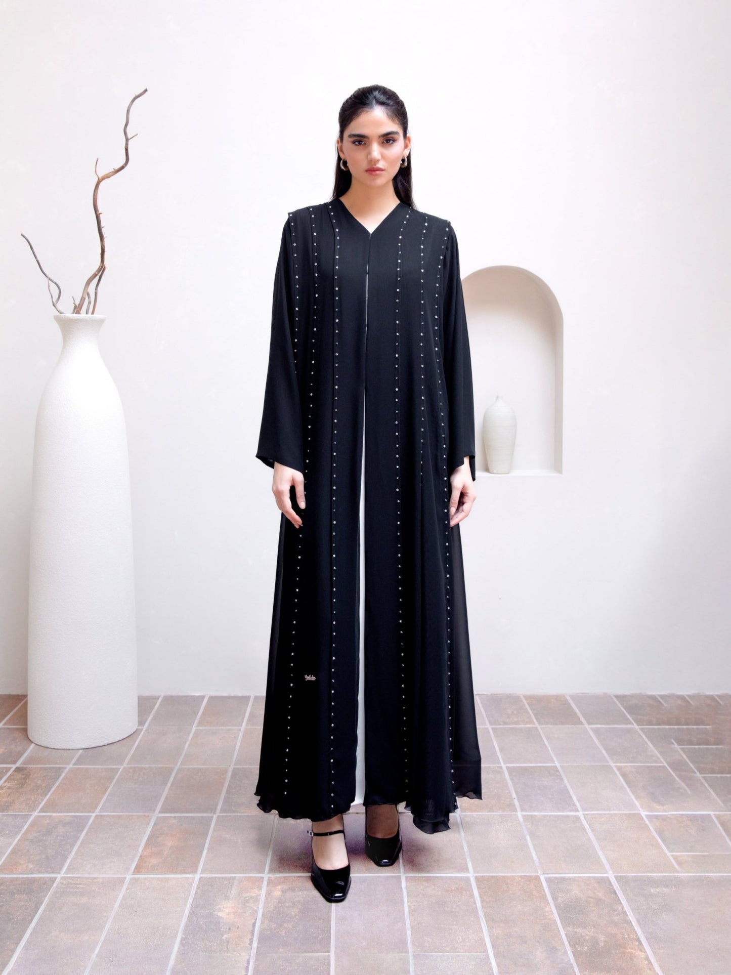 Silver Crystal Embellished Chiffon Abaya - Geelato Abaya