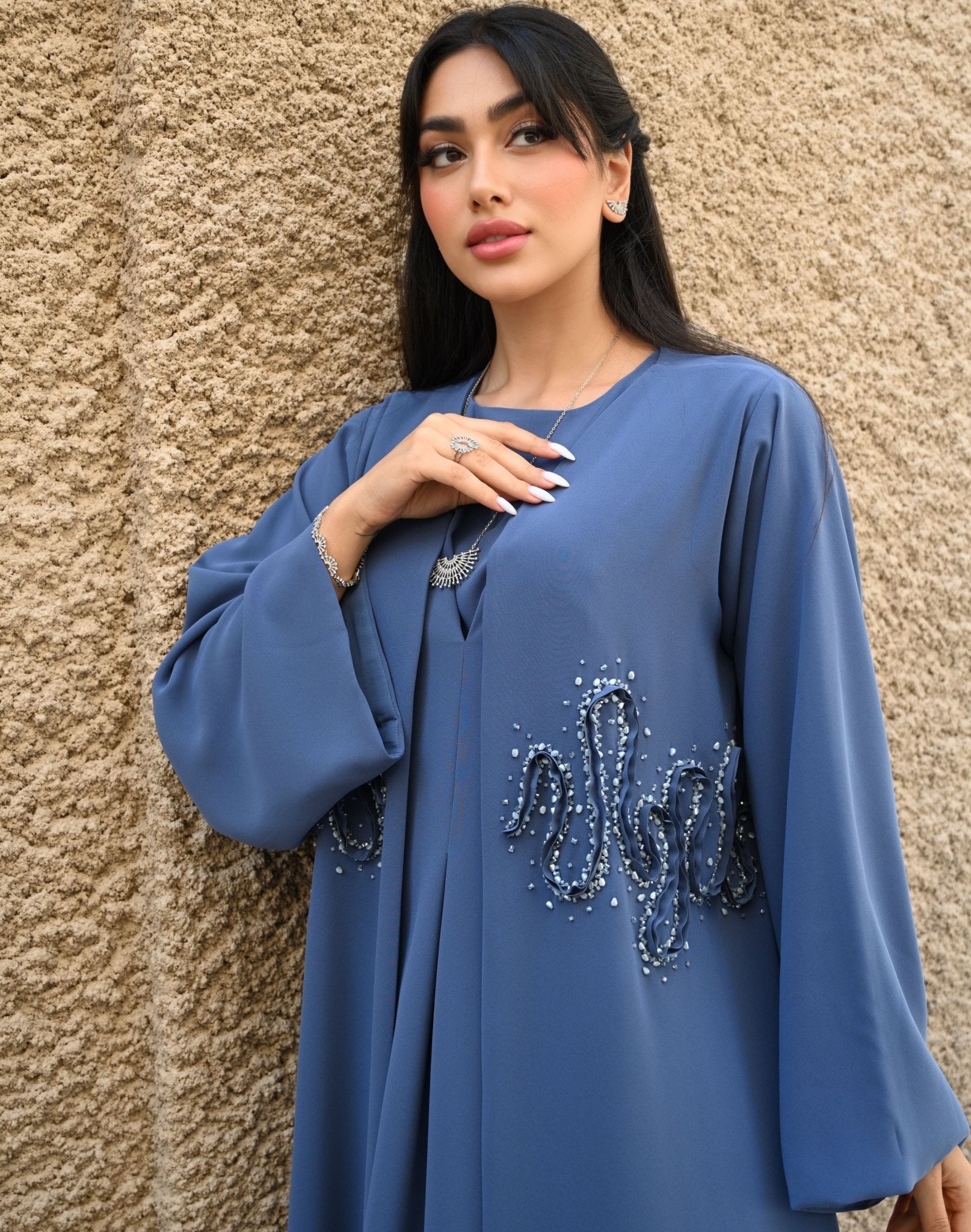 Denim Blue Open Front Abaya with intricate swirls - My Store