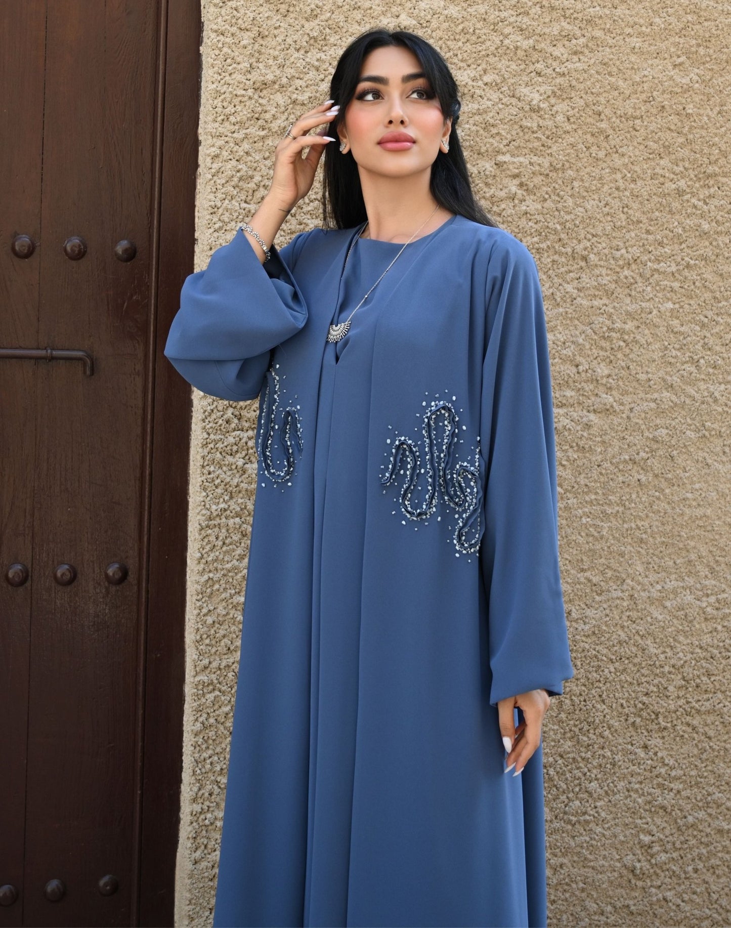 Denim Blue Open Front Abaya with intricate swirls - My Store