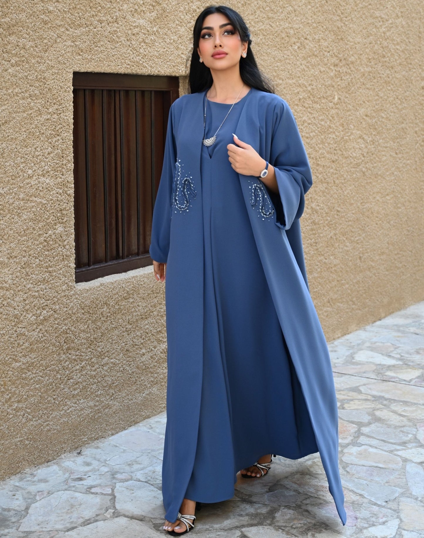 Denim Blue Open Front Abaya with intricate swirls - My Store