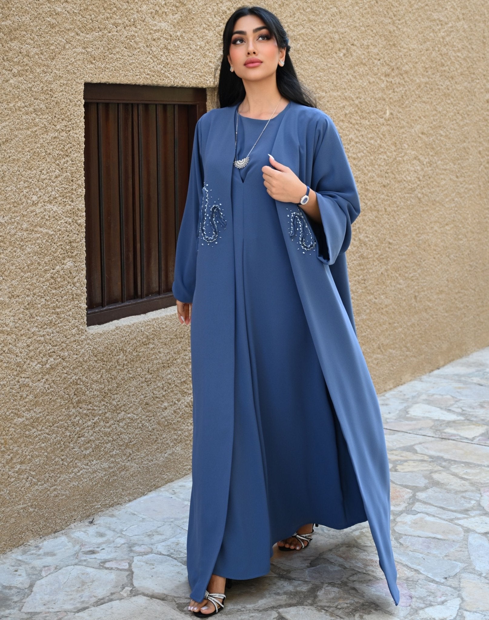 Denim Blue Open Front Abaya with intricate swirls - My Store