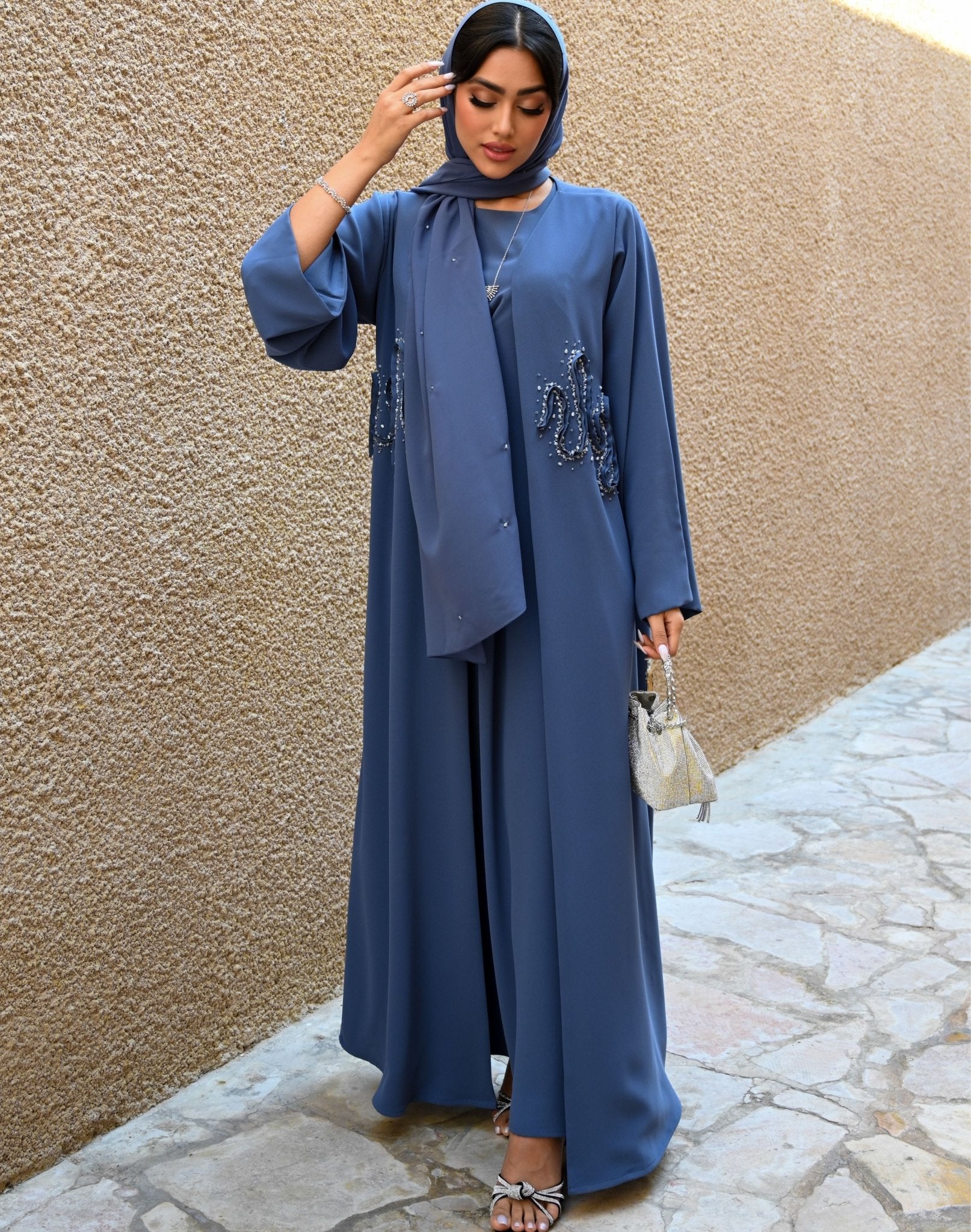 Denim Blue Open Front Abaya with intricate swirls - My Store