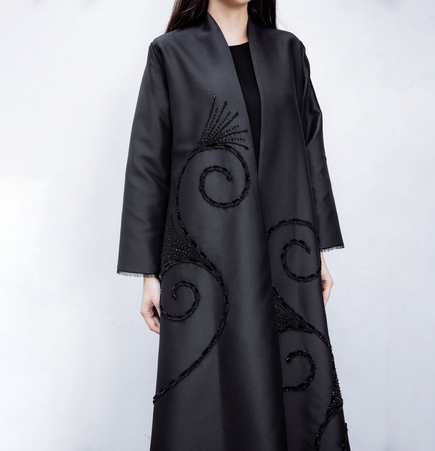 Beaded and Fringed Embroidered Abaya Satin Abaya - Geelato Abaya