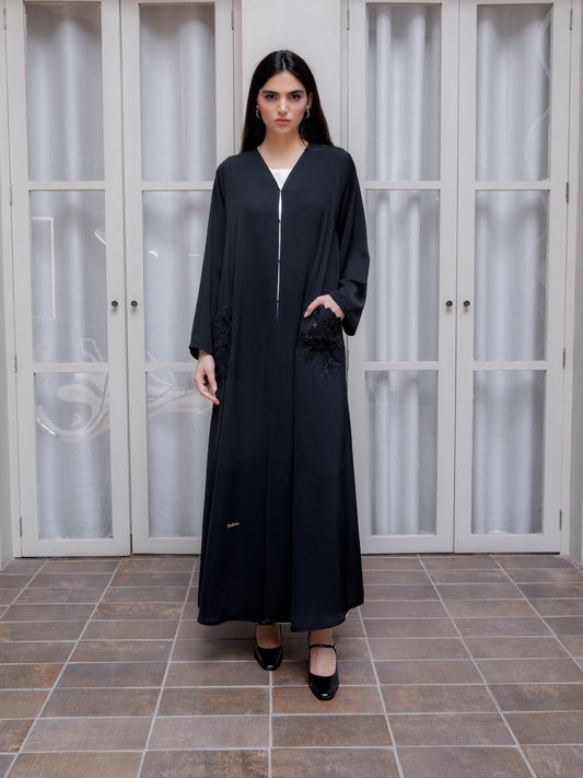 Floral Pocket Embroidered Abaya - Geelato Abaya